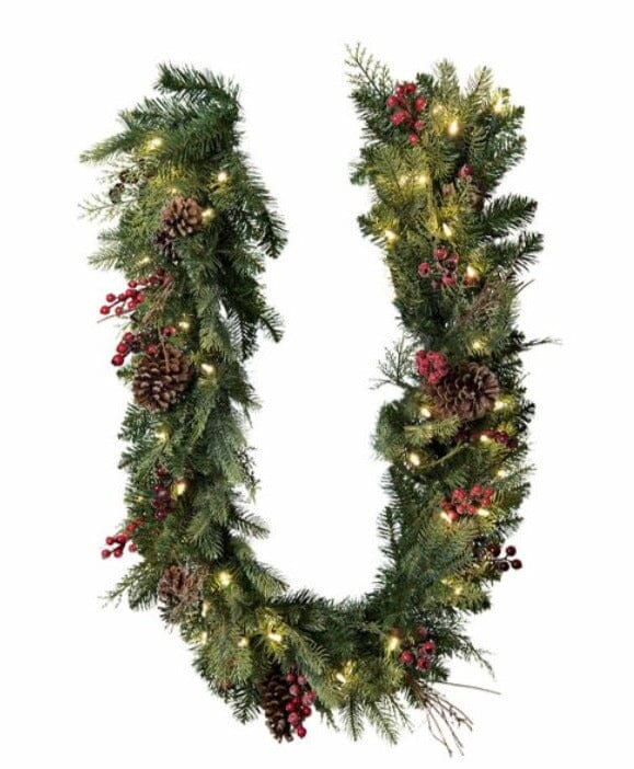 Fresh Spruce Garland with Red Berry and Lights