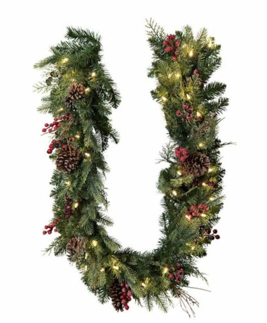 Fresh Spruce Garland with Red Berry and Lights