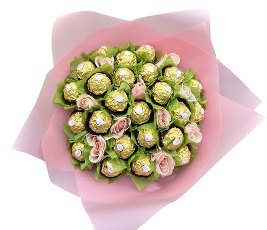Green Wrapped Chocolate Bouquet with Pink Roses